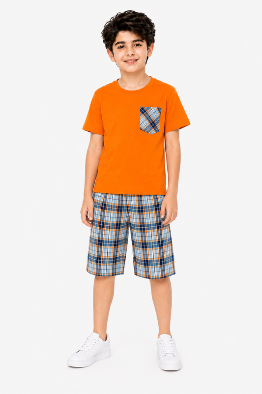 Navy & Orange   Check Pocket Orange  Cotton Boys Nicker 420
