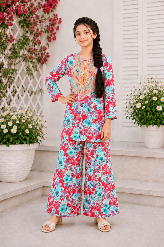 Rose Bloom Neckline Embroidered Red & Blue  Girls’ Soft Lawn Suit