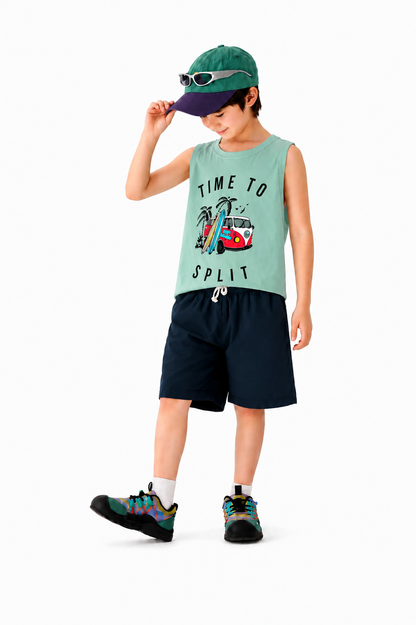 [Time To Spilt ] Printed  Light Green & Black Sleeveless  Boys Nicker Suit 255