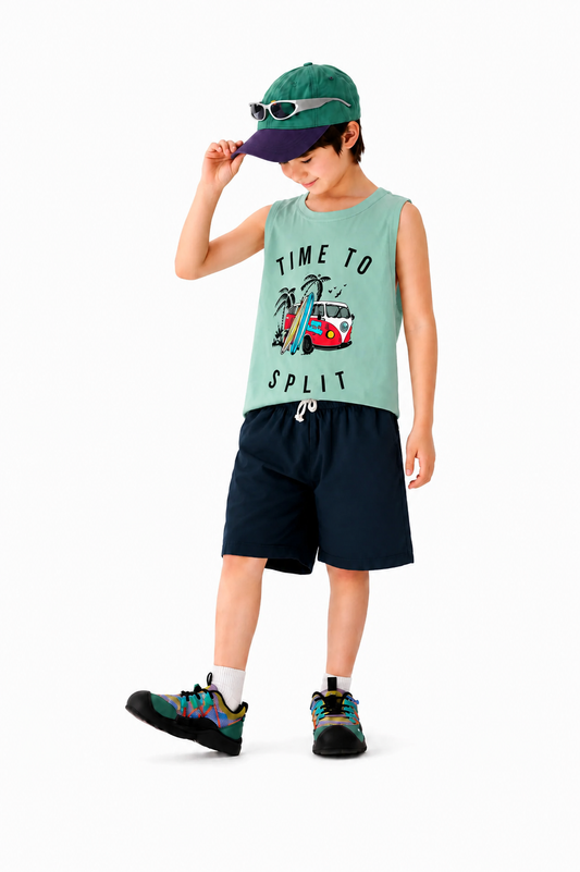 [Time To Spilt ] Printed  Light Green & Black Sleeveless  Boys Nicker Suit 255