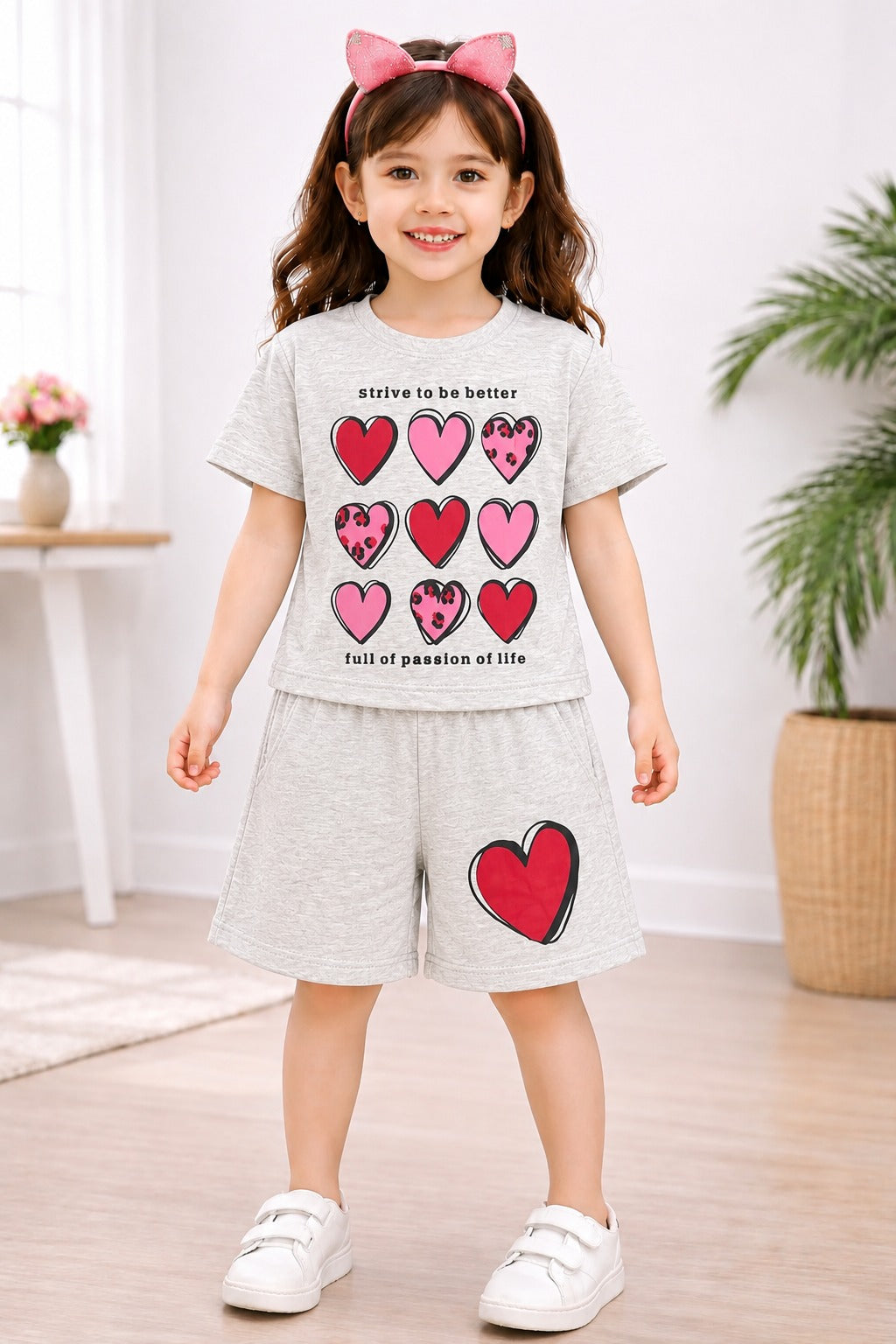 Hearts Printed Grey Girls Nicker Suit