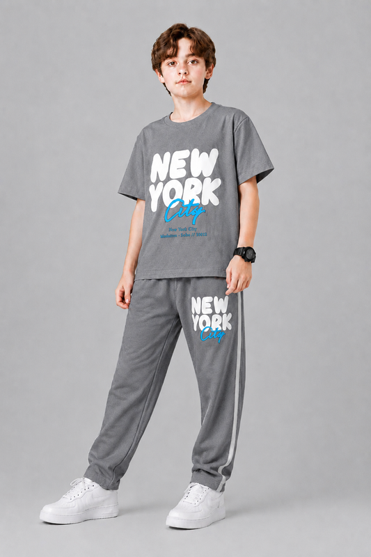 White [New York ] Printed Dark Grey T-Shirt &Trousers Boys