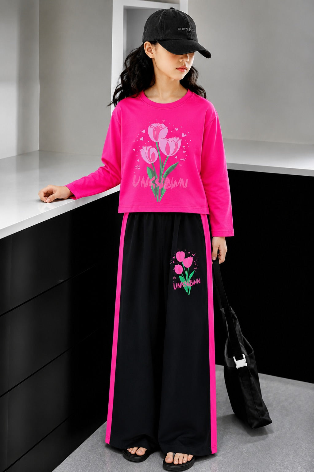 [Flowers] Printed Pink Full Selves Baggy Track Suit Girls