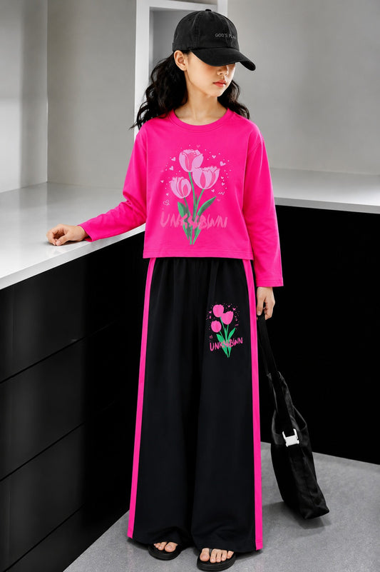 [Flowers] Printed Pink Full Selves Baggy Track Suit Girls