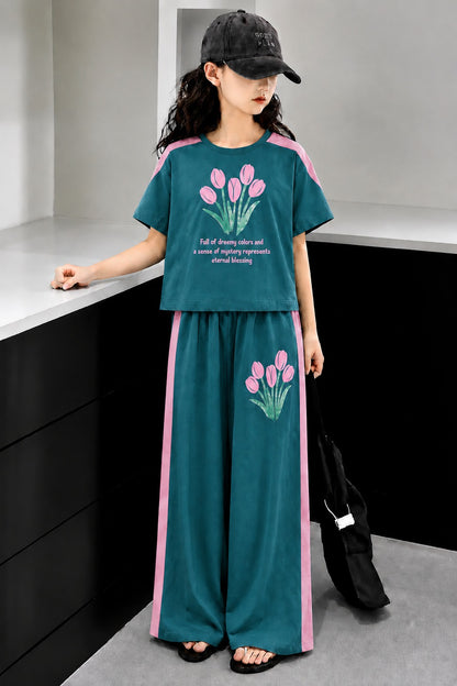 Flowers Printed Light Green  Half Selves Baggy Track Suit Girls 517
