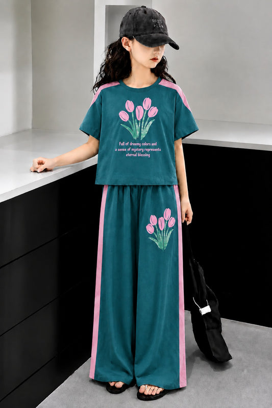 Flowers Printed Light Green  Half Selves Baggy Track Suit Girls 517