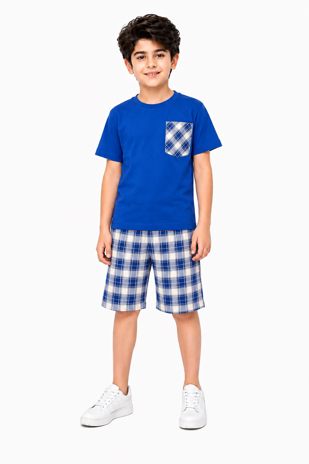 Grey & Black Check Pocket Royal Blue  Cotton Boys Nicker 121