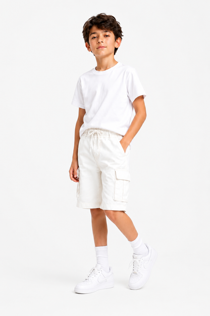 6 Pocket Cargo  Soft Cotton  Boys Shorts -White Color 438