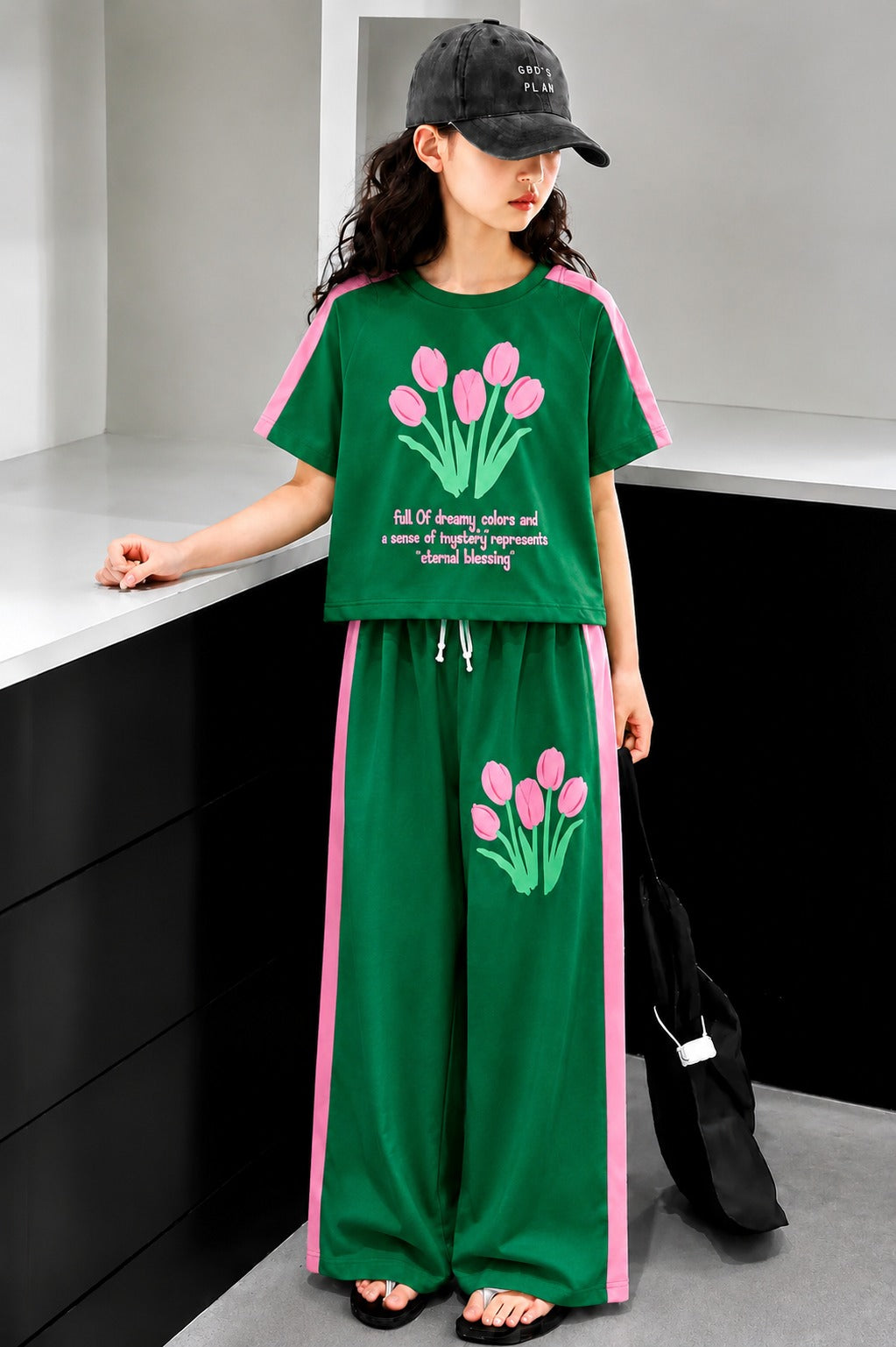Flowers Printed  Green  Half Selves Baggy Track Suit Girls 526