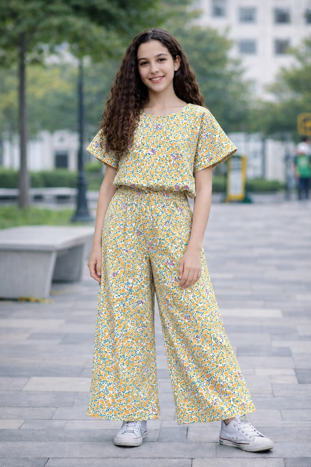 Orange Blooms Printed  Cotton Girls Co-Ord Set