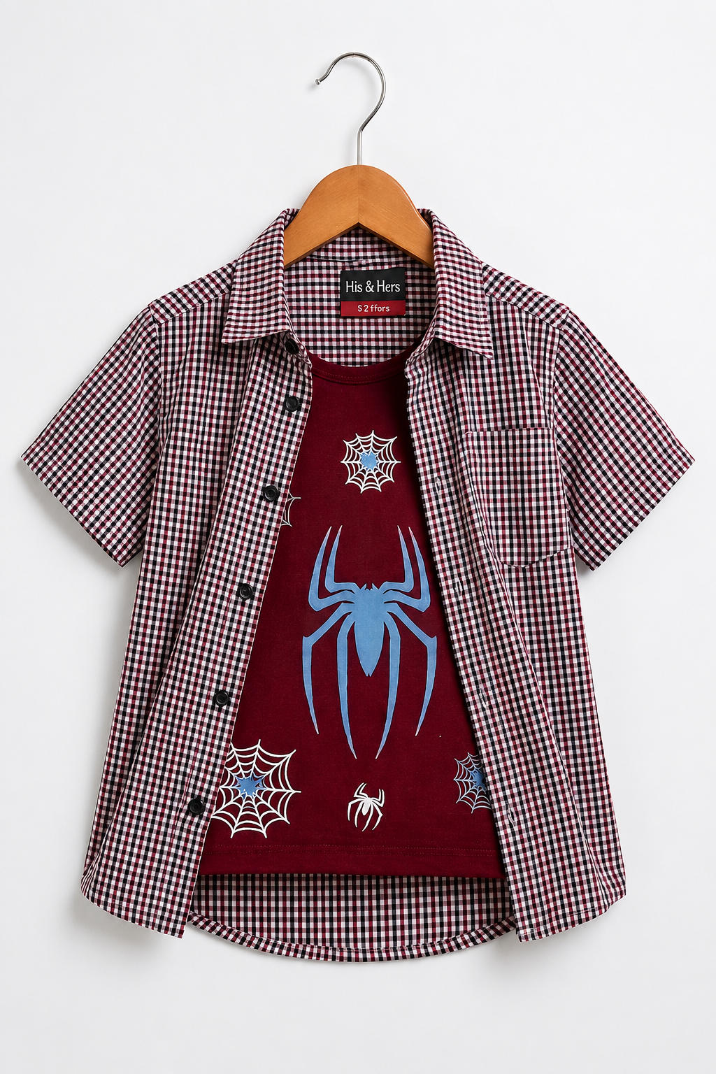 Blue Checked Spider Printed Layered Casual Shirt