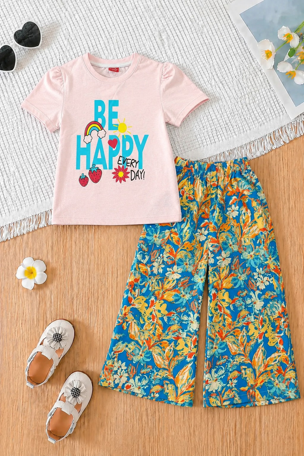 [Be Happy ] Printed Light Pink  Girls  T-shirt & Cotton Flapper