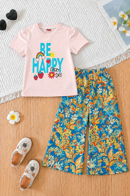 [Be Happy ] Printed Light Pink  Girls  T-shirt & Cotton Flapper