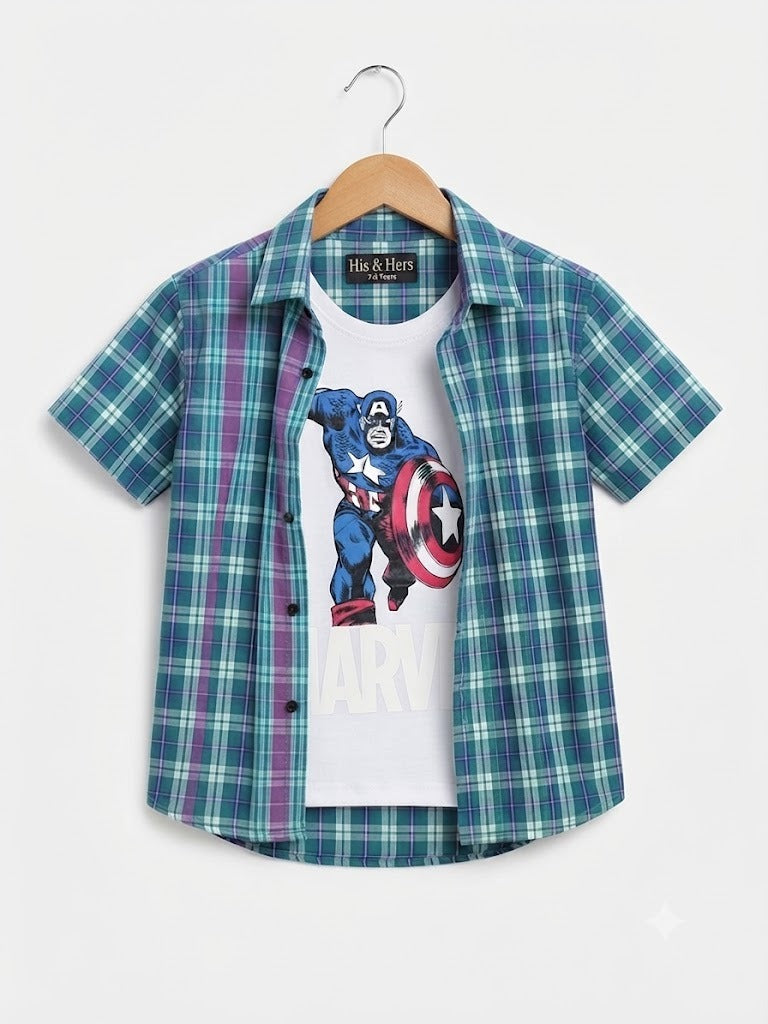 Marvel Printed Blue Checked Layered Casual Shirt 503