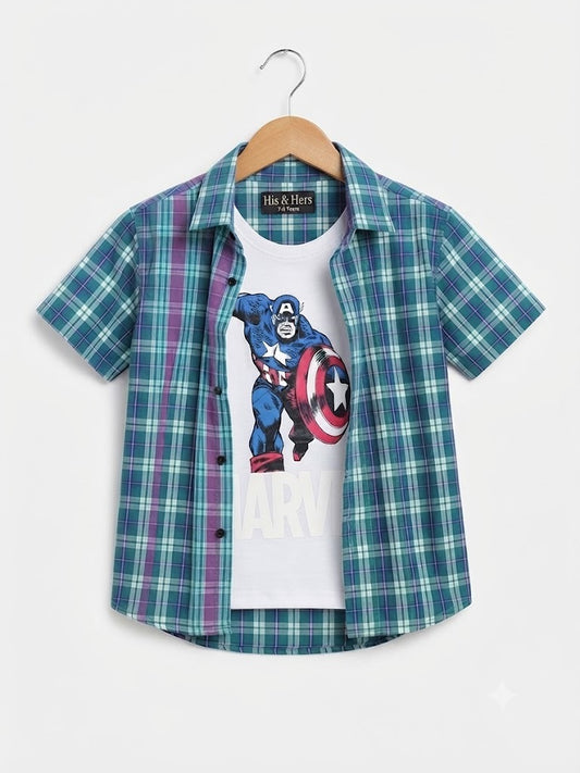 Marvel Printed Blue Checked Layered Casual Shirt 503