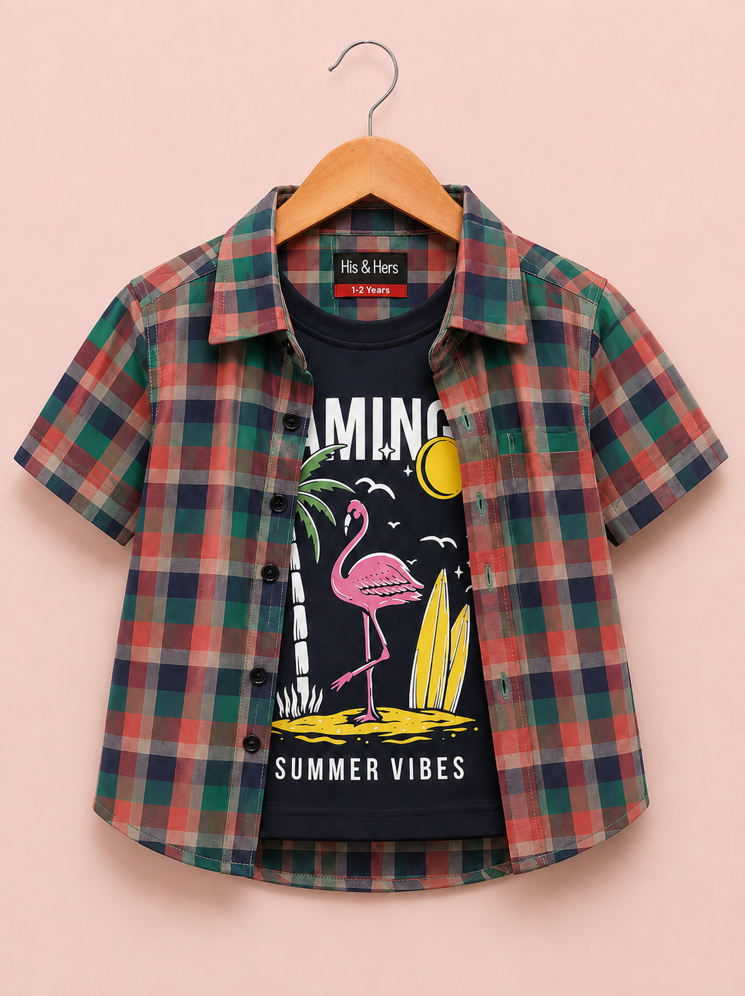 Pink & Green  Checked [ Summer Vibes ] Printed Layered Casual Shirt