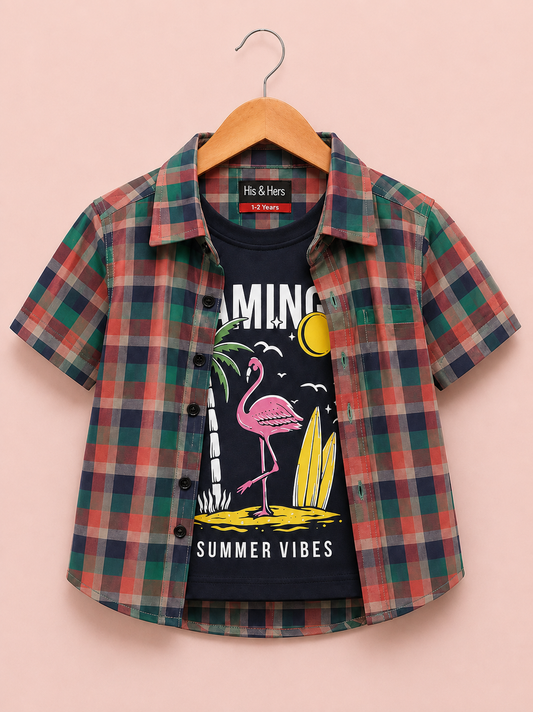 Pink & Green  Checked [ Summer Vibes ] Printed Layered Casual Shirt 729