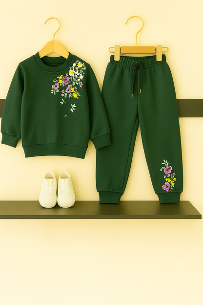 Girls Floral Embroidered Fleece Tracksuit – Dark Green 131