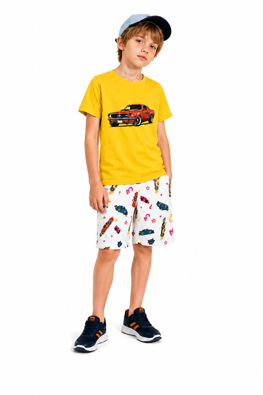 Red Car Printed Yellow Boys Nicker Suit 517