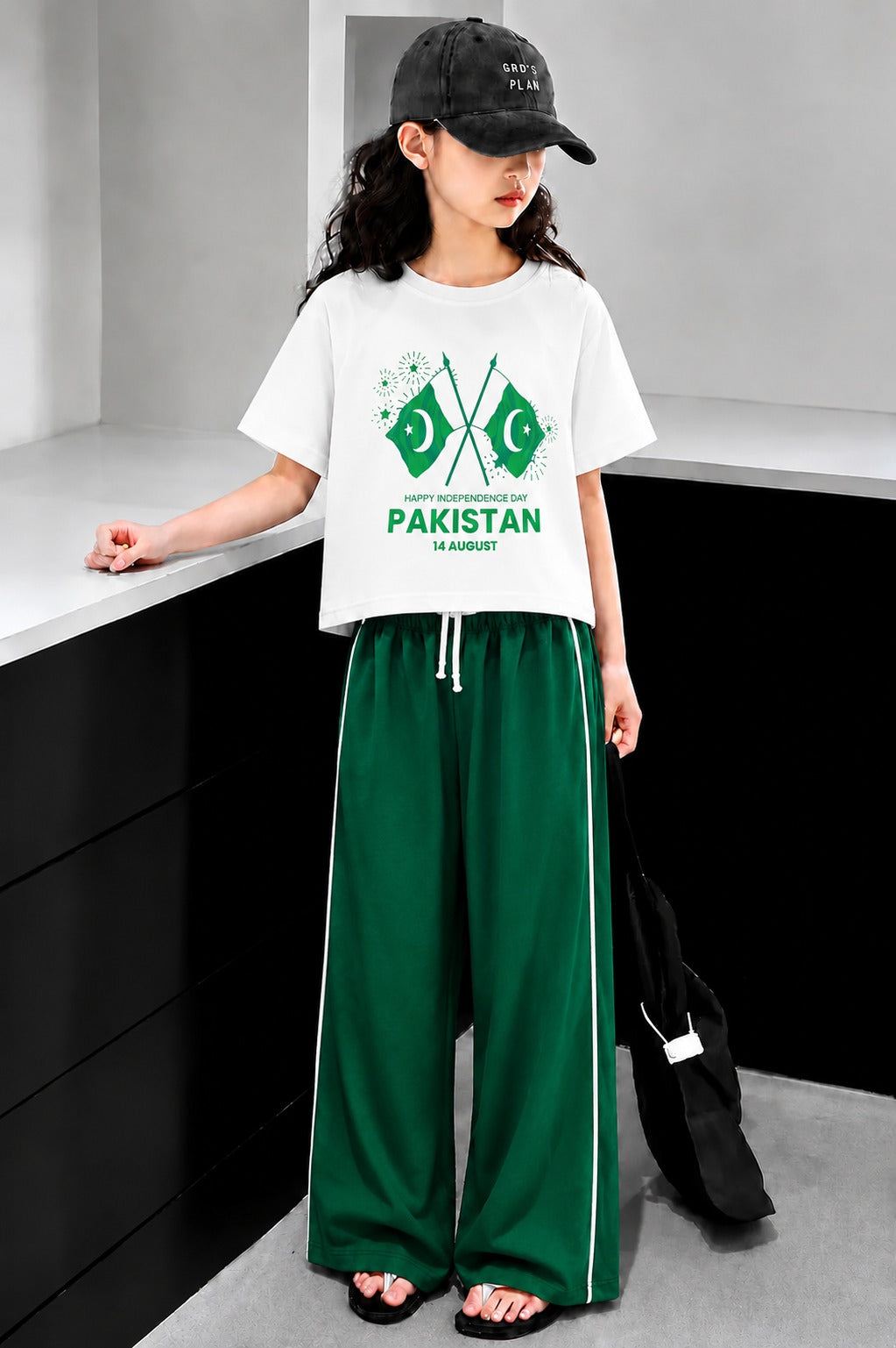 14 August Flag Printed White & Green Half Selves Baggy Track Suit Girls