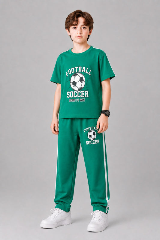 Football Printed Green Boys T-Shirt & Trouser