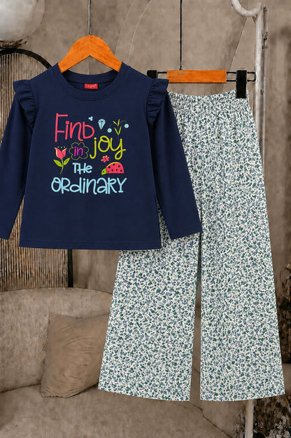 [Find  Joy In The Ordinary] Printed Navy Girls  T-shirt & Cotton Flapper