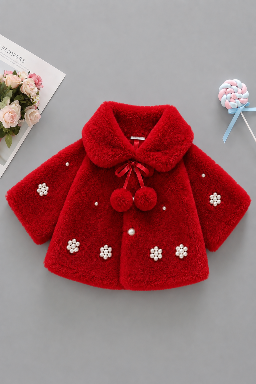 Pearl Blossom Faux Fur Cape-Red 919
