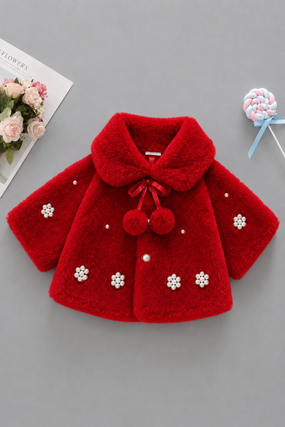 Pearl Blossom Faux Fur Cape-Red 919