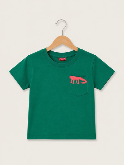 Dino Printed On Pocket Green  Boys T-Shirt