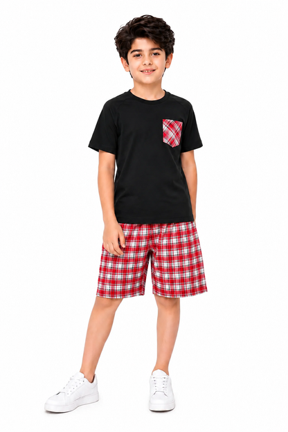 Checked Pocket Black  Boys Nicker Suit
