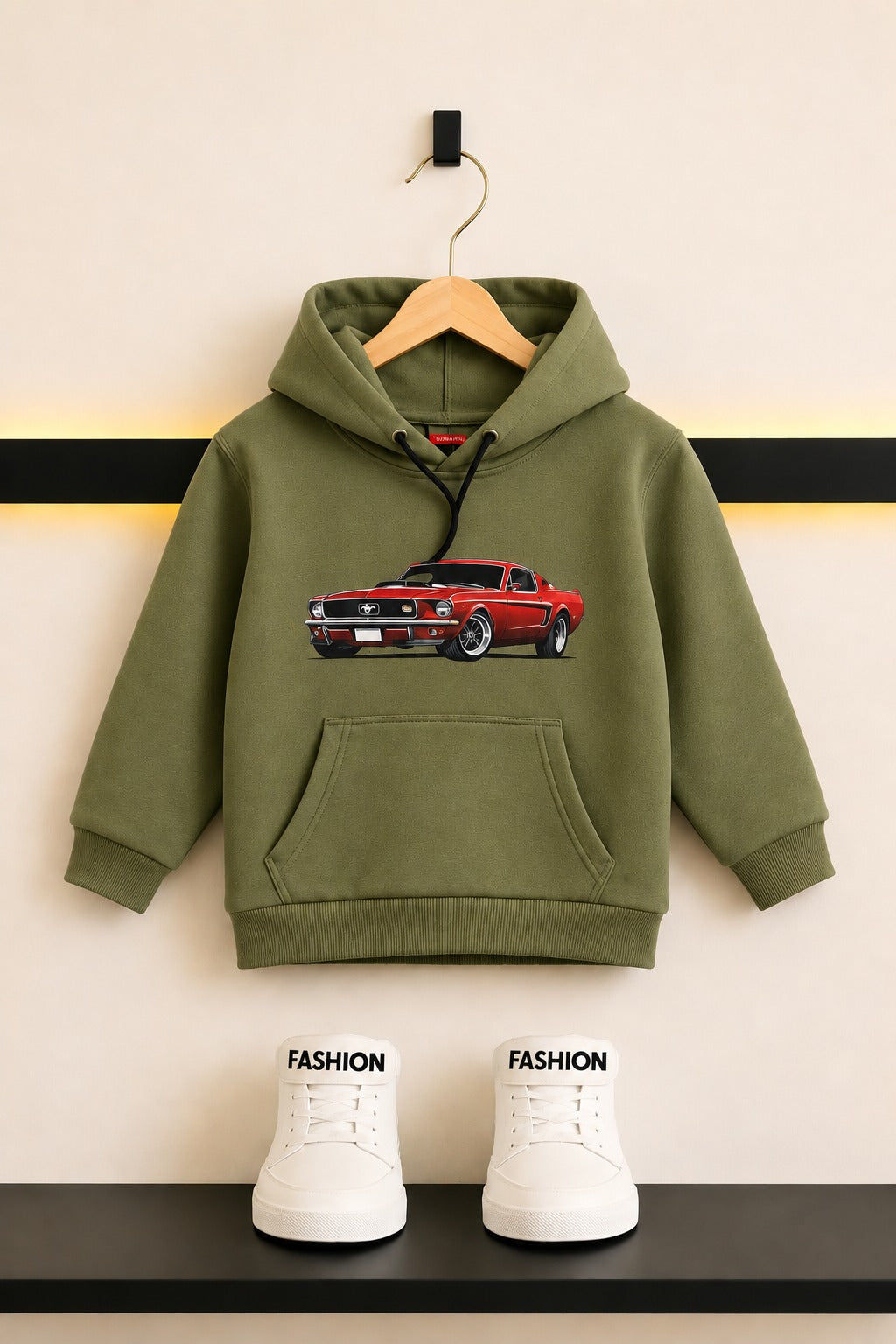 Car Printed Olive Green Fleece Boys  Hoodie 298