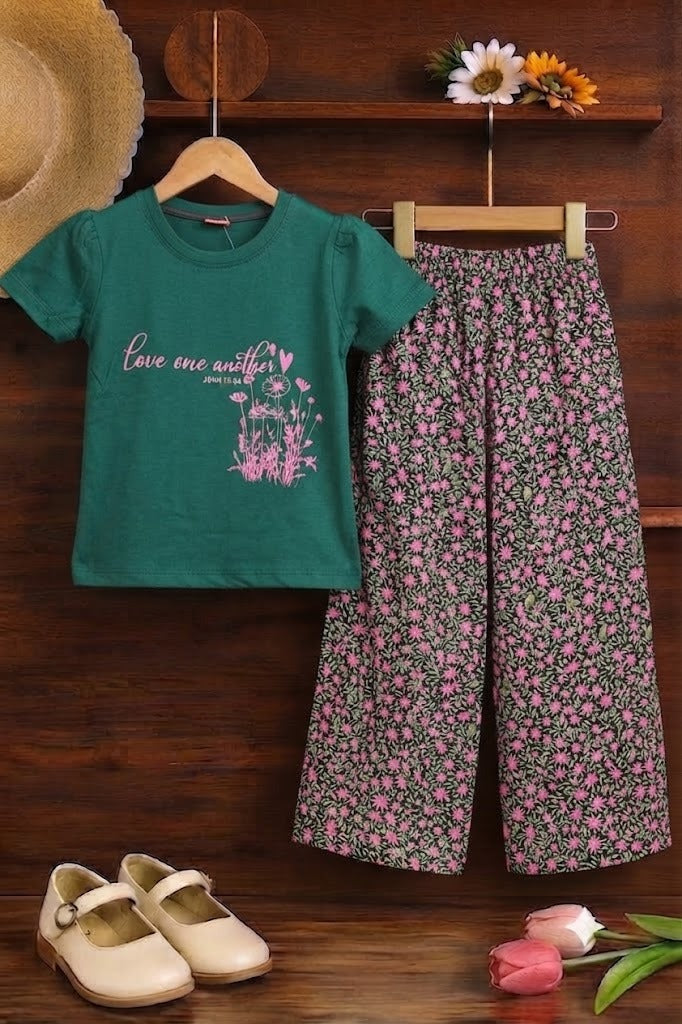 [Love One Another ] Green  Girls T-Shirt &Cotton Flapper