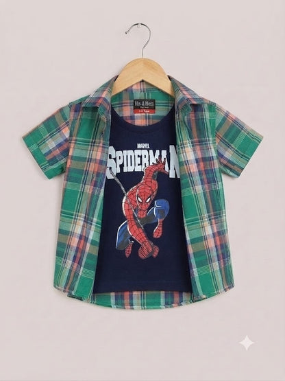 Pink  Checked Spiderman Printed Layered Casual Shirt