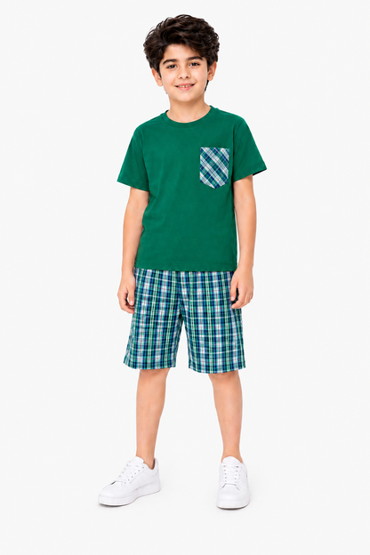 Green & Black  Check Pocket Green Cotton Boys Nicker 604