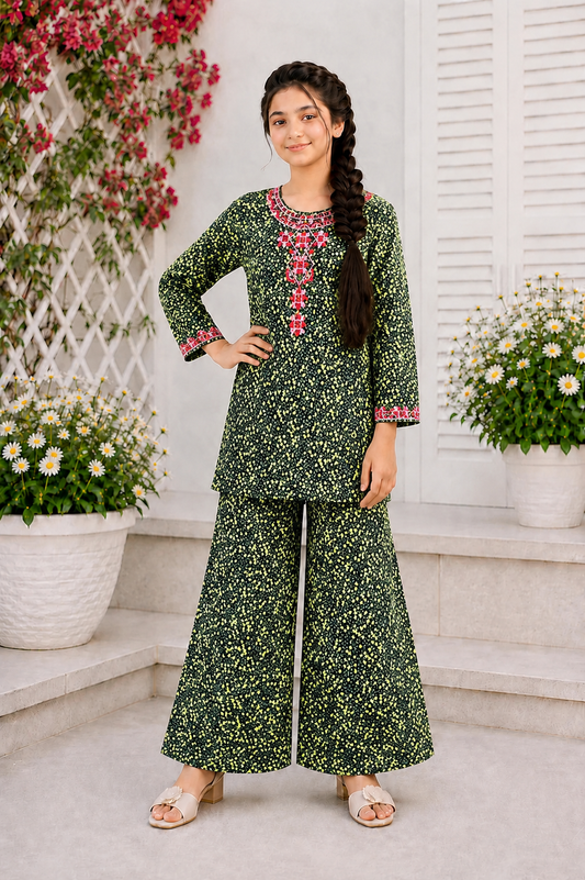 Rose Bloom Neckline Embroidered Green Girls’ Soft Lawn Suit