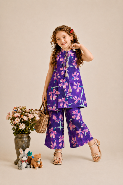 Purple with Pink Tassel  Soft Lawn Top- Flapper Set 278