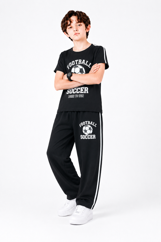 [Football Soccer ] Printed Black Boys T-Shirt & Trouser 732