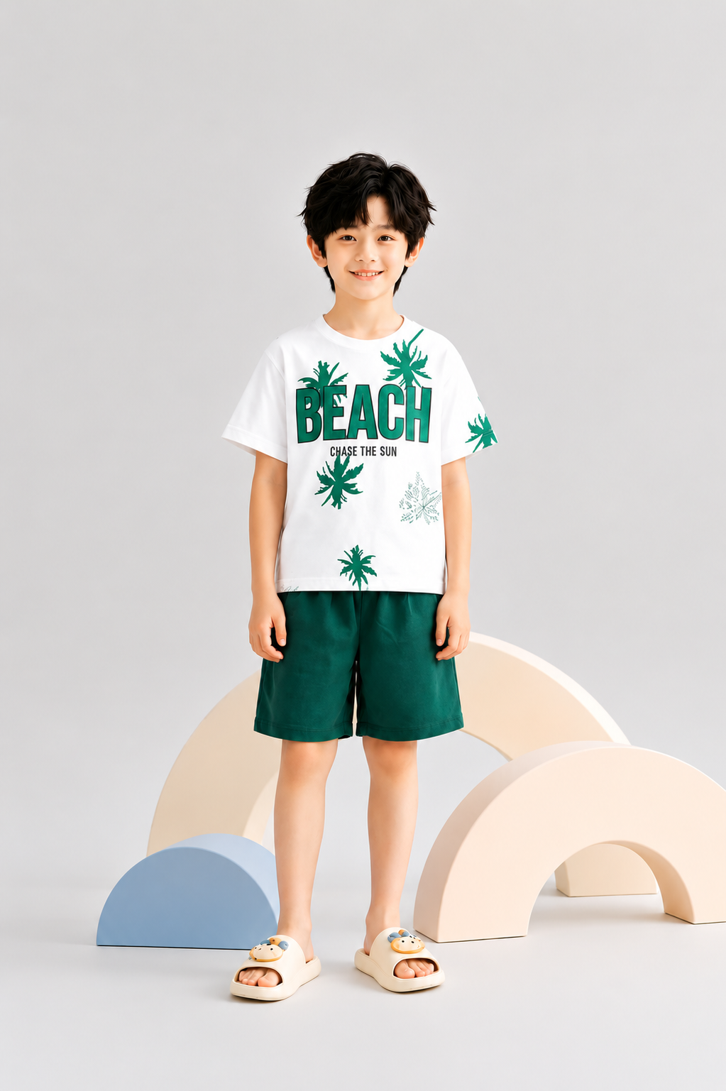 14 August [Beach] Printed White & Green Cotton Boys Nicker
