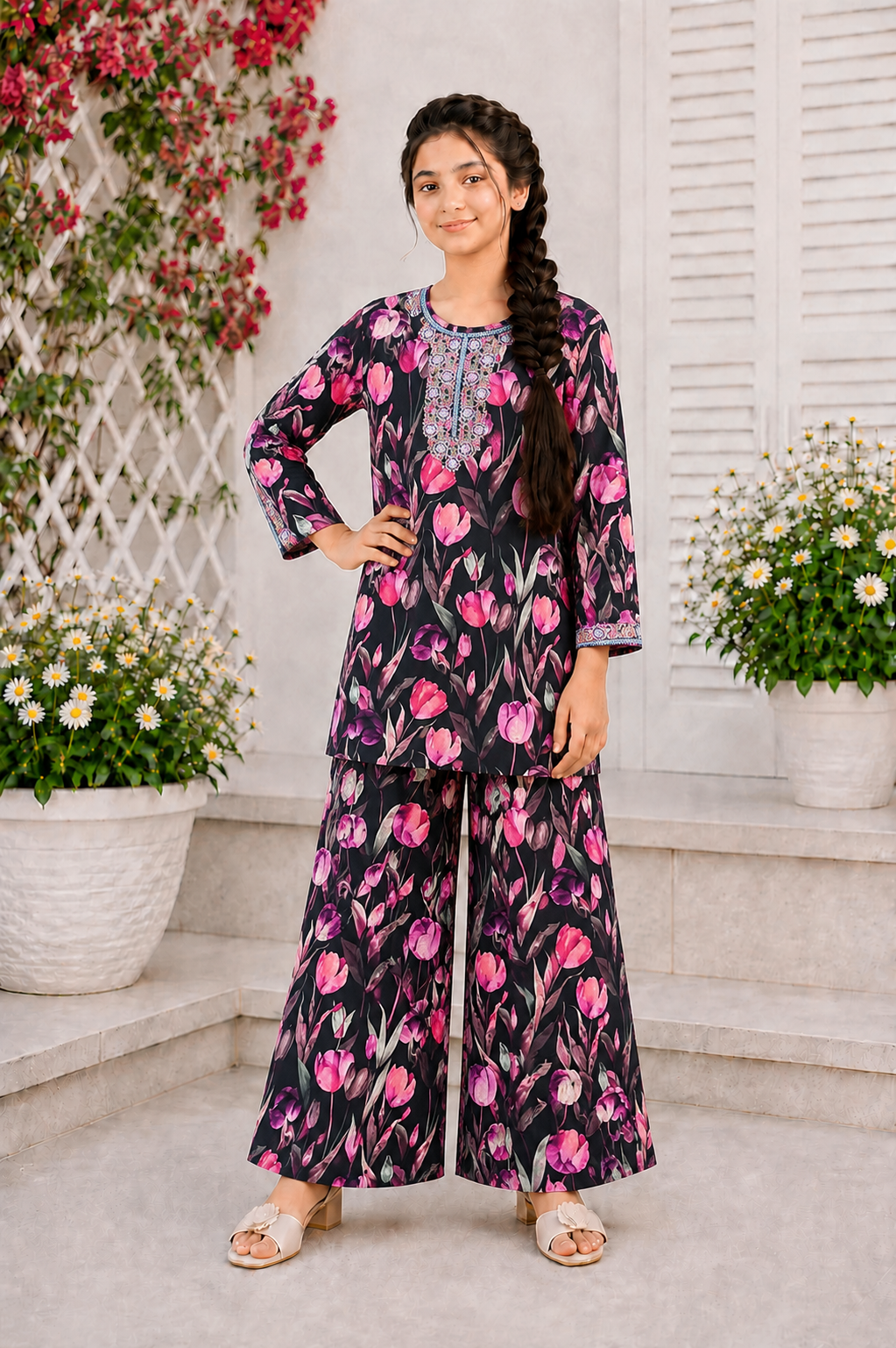 Rose Bloom Neckline Embroidered Red & Black Girls’ Soft Lawn Suit