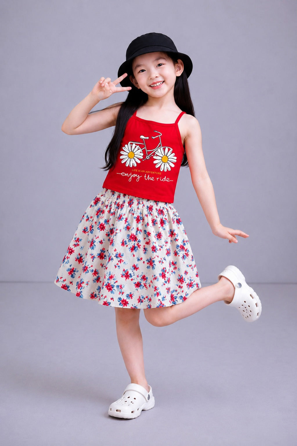 White  Bike Printed Red  Girls Top & Skirt