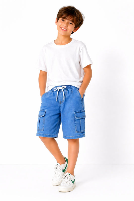 6 Pocket Cargo Denim  Boys Shorts -Light Blue  Color 268