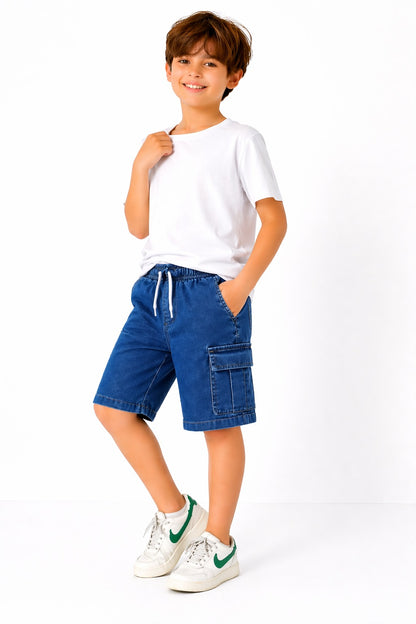 6 Pocket Cargo Denim  Boys Shorts -Mid Blue  Color 273