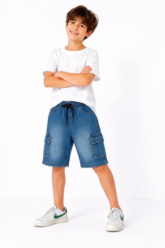 6 Pocket Cargo Denim Boys Shorts - Mid Blue Color 267