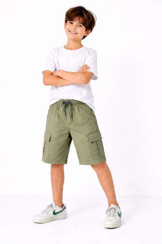6 Pocket Cargo Soft  Cotton  Boys Shorts -Off- Olive Green Color 438