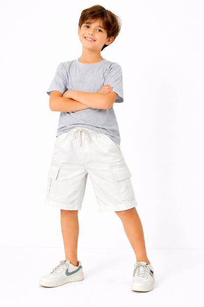 6 Pocket Cargo  Soft Cotton  Boys Shorts -White Color 438