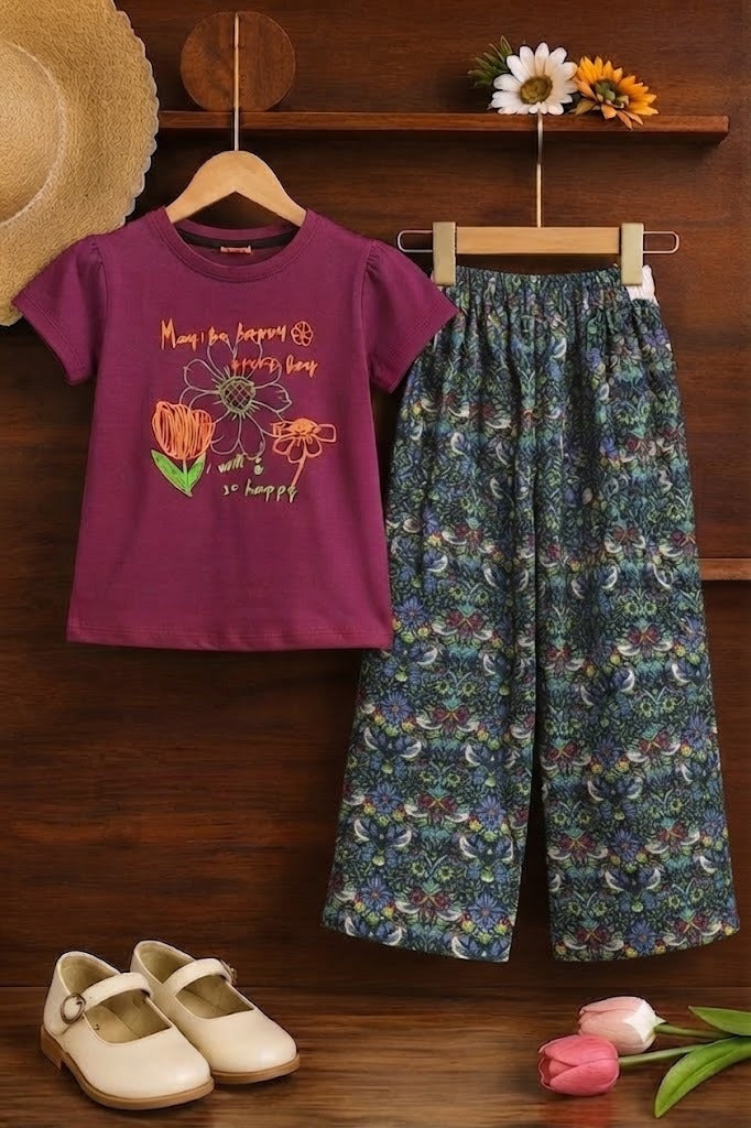 Flowers Printed Purple  Girls T-Shirt &Cotton Flapper