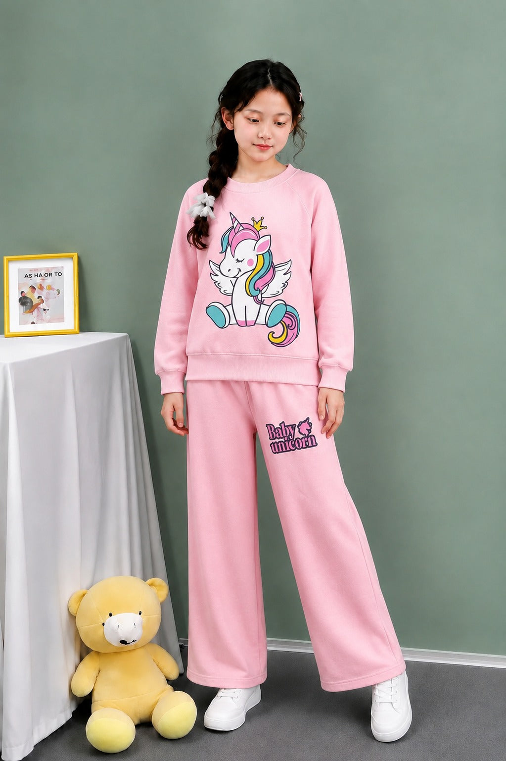 [Unicorn ] Printed Baby  Pink  Fleece Tracksuit