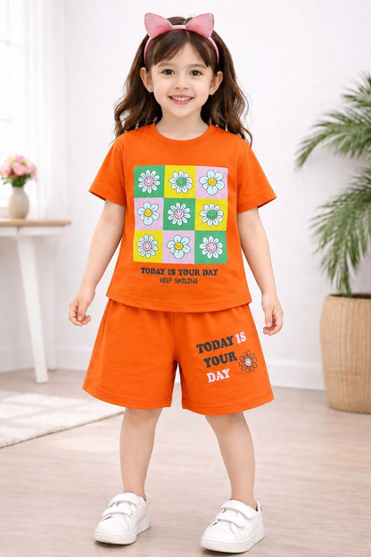 Flowers Printed Orange Girls Nicker Suit 232
