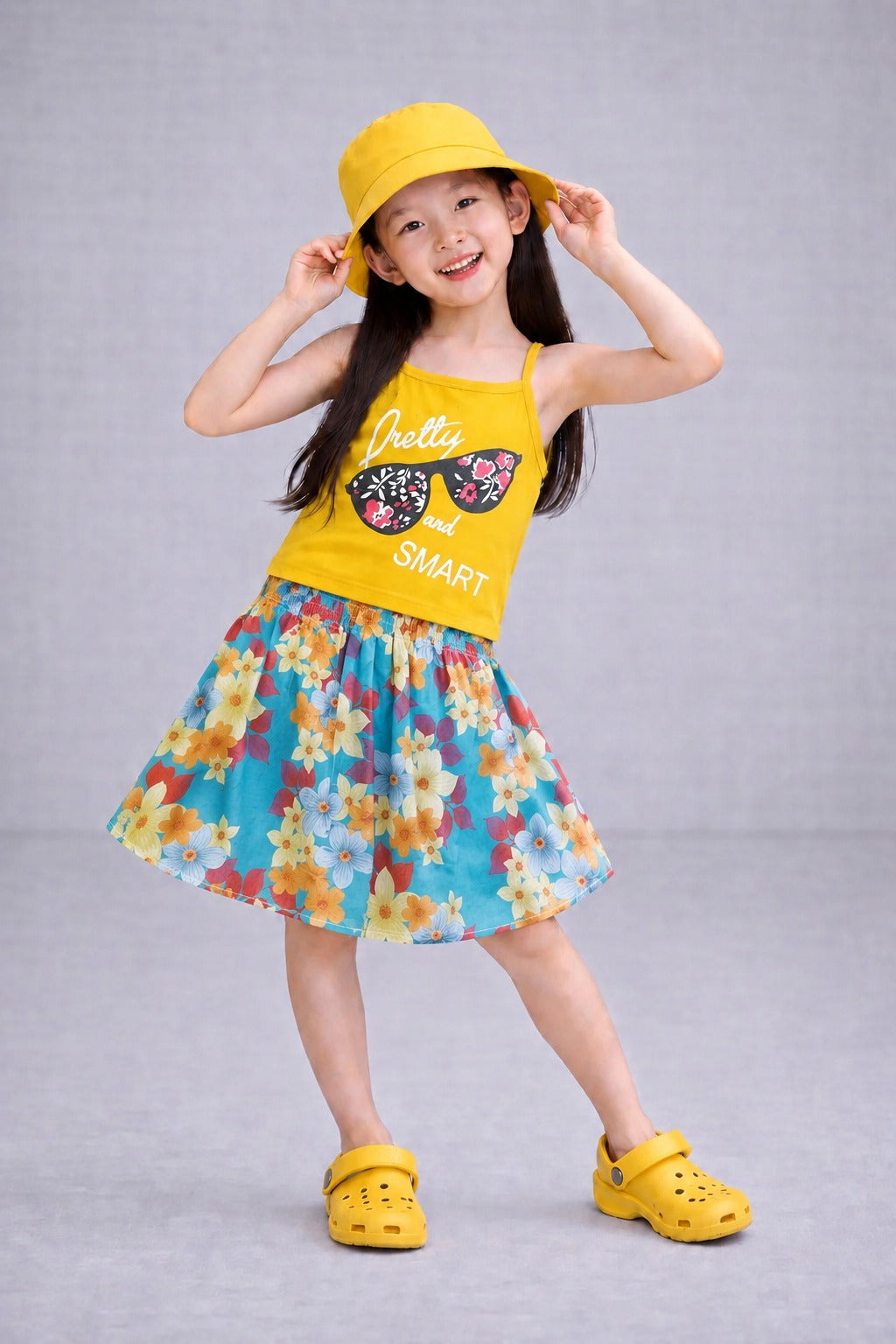 [Pretty and Smart ] Printed Yellow Girls Top & Skirt 295