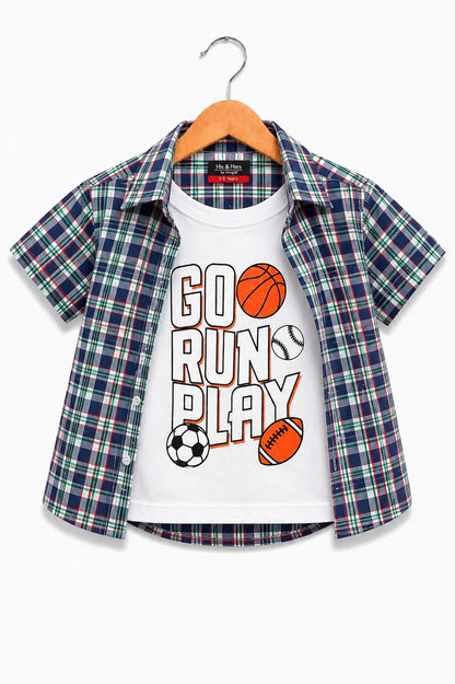 [Go Run Play] Blue Checked  Printed Layered Casual Shirt